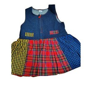 Vtg Western denim sleeveless dress multicolor plaid heart zipper girls 5 - 6 - 6